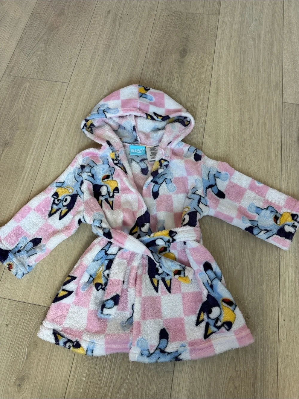 BLUET Pink, White and Blue Hooded Plush Robe with Pattern